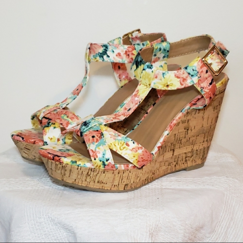 floral cork wedge heels